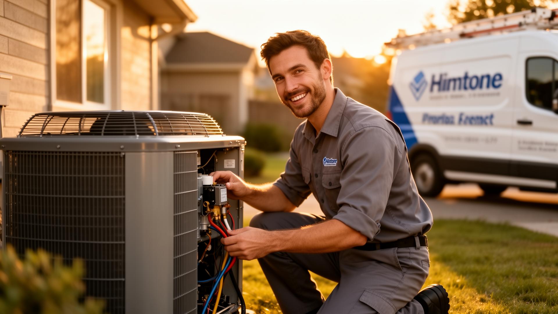 ArticFlow HVAC technician servicing an air conditioner at sunset