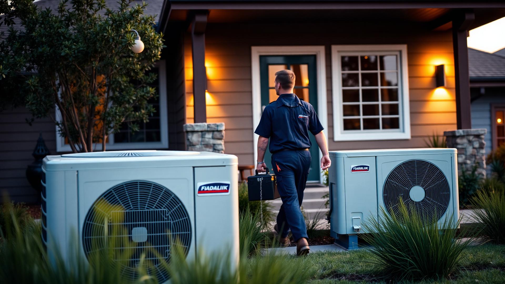 ArticFlow HVAC technician approaching an Austin home at golden hour